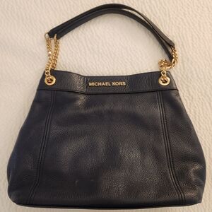 Michael Kors Jet Set Navy Leather Shoulder Bag with Gold Accents
